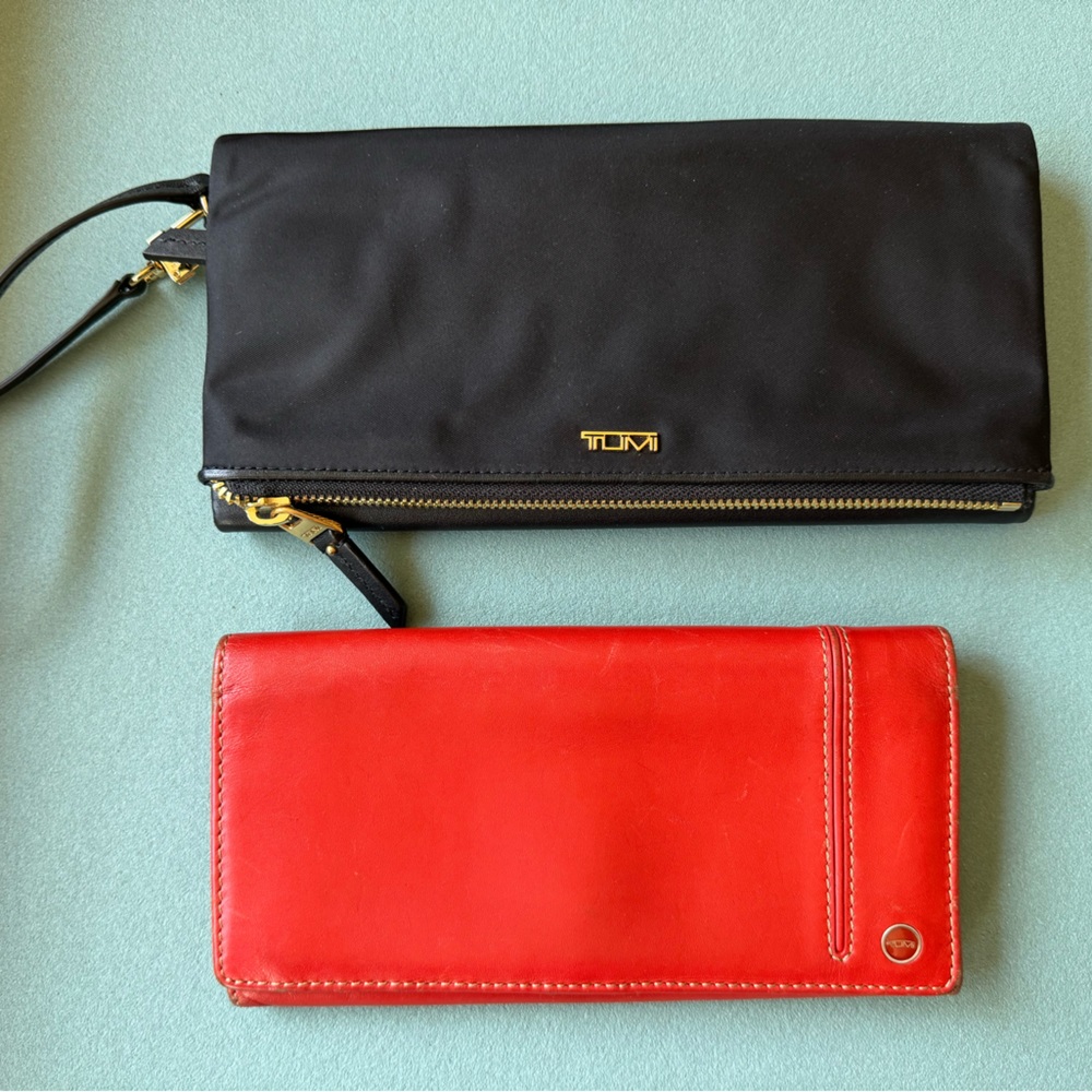 Tumi Lot of 2 Continental Wallets Black + Orange